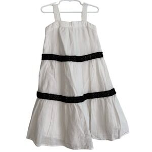 Janie and Jack Girls White Cotton Gauze Tiered Dress Black Lace Trim Size 5